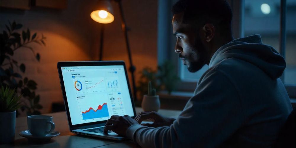 Digital marketing workspace with Google Ads dashboard and analytics graphs