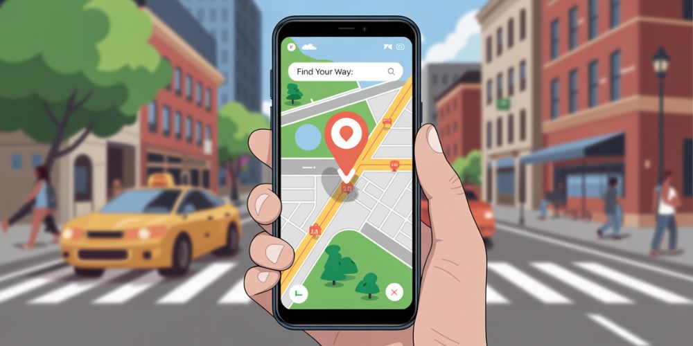 Smartphone showing map with location pin and search bar