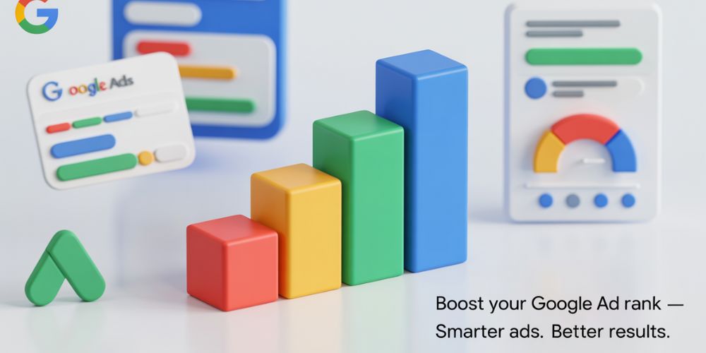 Banner image showing a graph rising upward, representing improved Google Ad Rank, with icons of Google Ads dashboard, Quality Score meter, and a search result with highlighted top ad placement