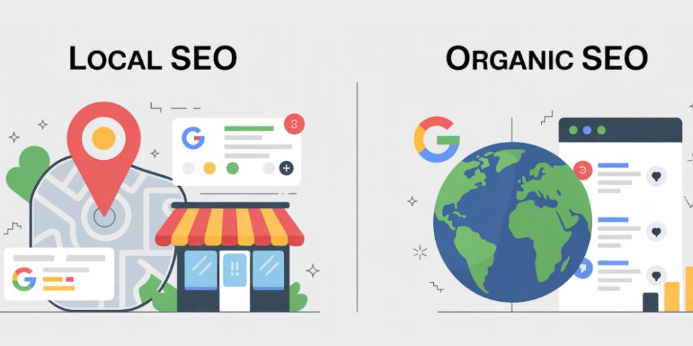 a split view of local SEO with map pins and organic SEO with global search results