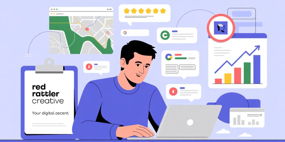 Illustration of a digital marketer optimizing local and organic SEO