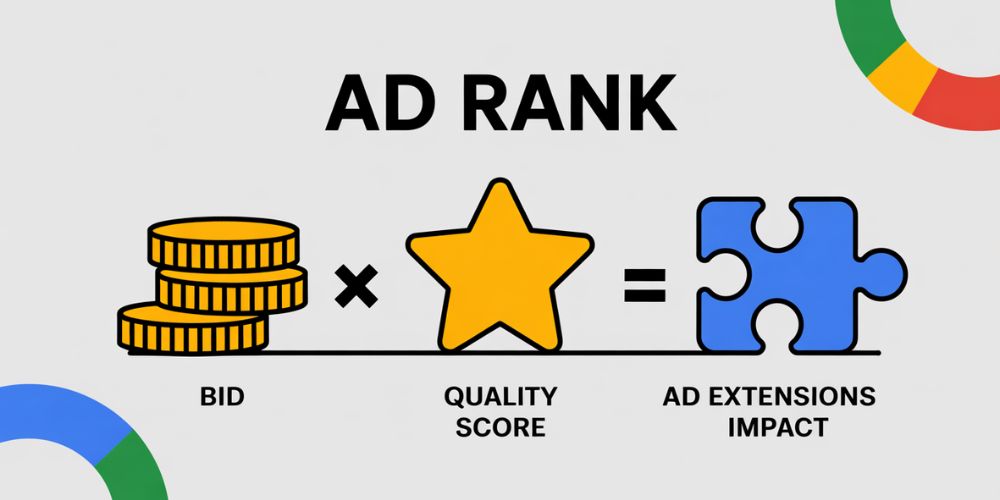 Infographic showing the Google Ad Rank formula with icons for bid, quality score, and ad extensions impact