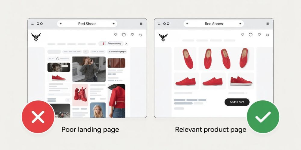 Side-by-side comparison of a bad landing page (generic homepage) and a good one (red shoes product page) for a Google ad about red shoes, with a red X and green checkmark for clarity